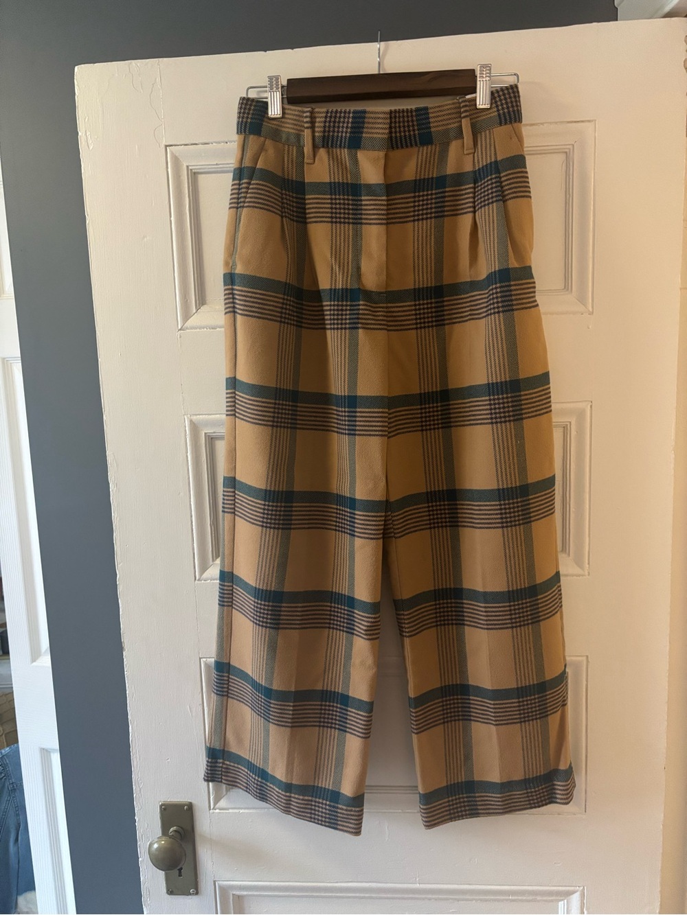 Wilfred Tan Plaid Wide-Leg Chinos with Blue Stripes